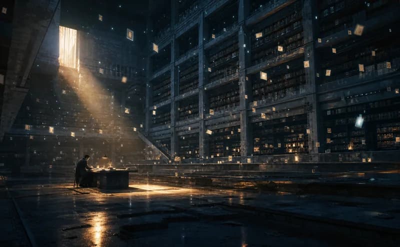 Cinematic AI film frame set in a vast library.