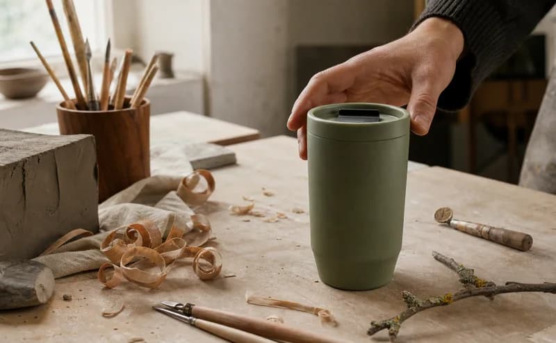 Creator-style product video frame with a ceramic tumbler.