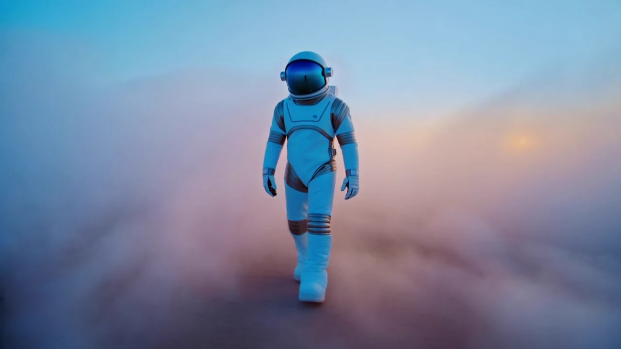 Astronaut walking toward camera in a cloudscape
